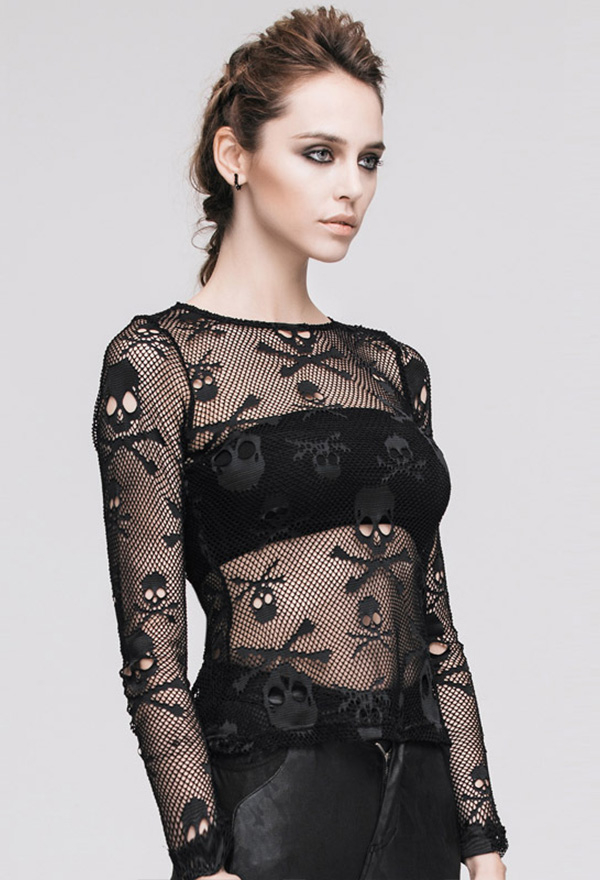 Gothic Hot Hollow Out Basic Shirt Dark Style Black Mesh See Through Skull Pattern Long Sleeve Slim Fit Bottoming Shirt