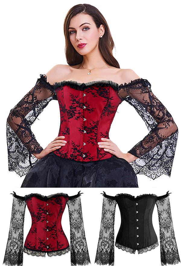 Gothic Victorian Wedding Lace Top French Style Cotton Off the Shoulder Lace Sheer Long Sleeves Overbust Bridal Corset Top
