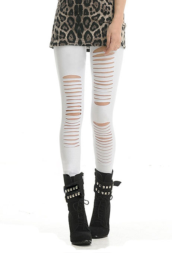 Women Fashion Gothic Streetwear Ripped off Leggings Punk Style Cotton Hollow Out Holes Elastic Bottom