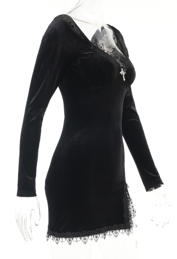 Gothic Deep V Neck Hot Mini Dress Vintage Style Black Velvet Cross Decoration Side Split Long Sleeves Lace Cocktail Bodycon Dress for Fall