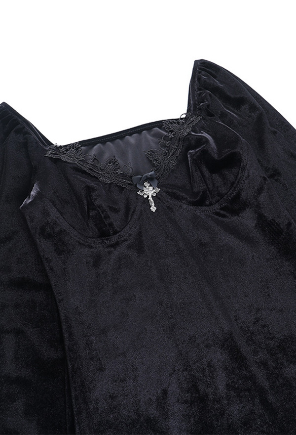 Gothic Deep V Neck Hot Mini Dress Vintage Style Black Velvet Cross Decoration Side Split Long Sleeves Lace Cocktail Bodycon Dress for Fall