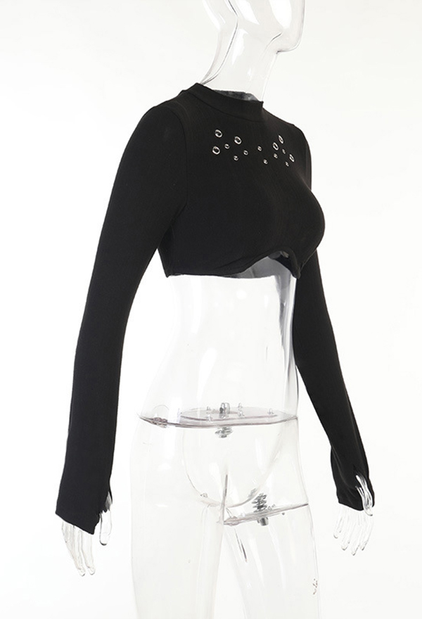 Women Fall Outfit Hot Party Wear Bottoming Shirt Punk Style Black Eyelets Decorated Long Sleeves Turtle Neck Navel Top