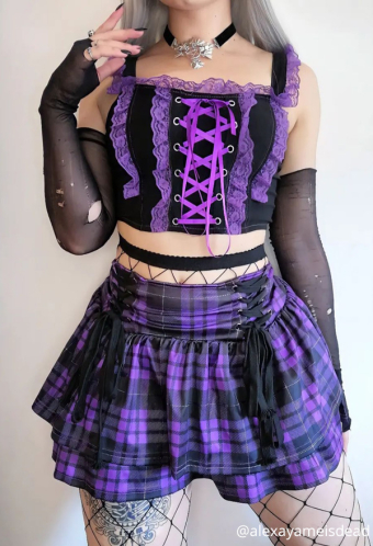 E-girl Fashion Pastel Layered Plaid Skirt Grunge Style Purple Polyester Drawstring Slim Fit Pleated Mini Skirt