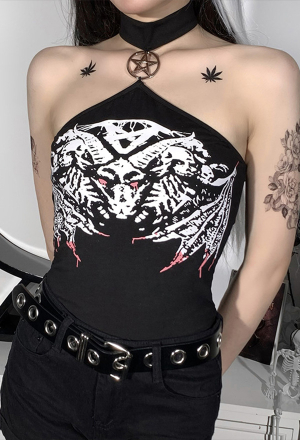 Gothic Halloween Satan Print Halter Tank Top Grunge Style Cotton Pentagram Pendant Graphic Sleeveless Vest