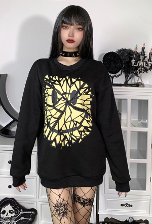 Women Grunge Fashion Print Crewneck Sweatshirt Dark Goth Style Black Cotton Shattered Smile Face Graphic Long Sleeve Pullover Top for Fall and Winter
