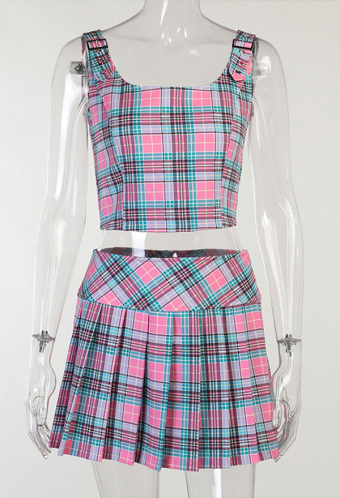 Y2K Sweet Pastel Plaid Vest and Skirt Sets School Style Pink Polyester Buckle Straps Tank Top and Mini Pleated Skirt
