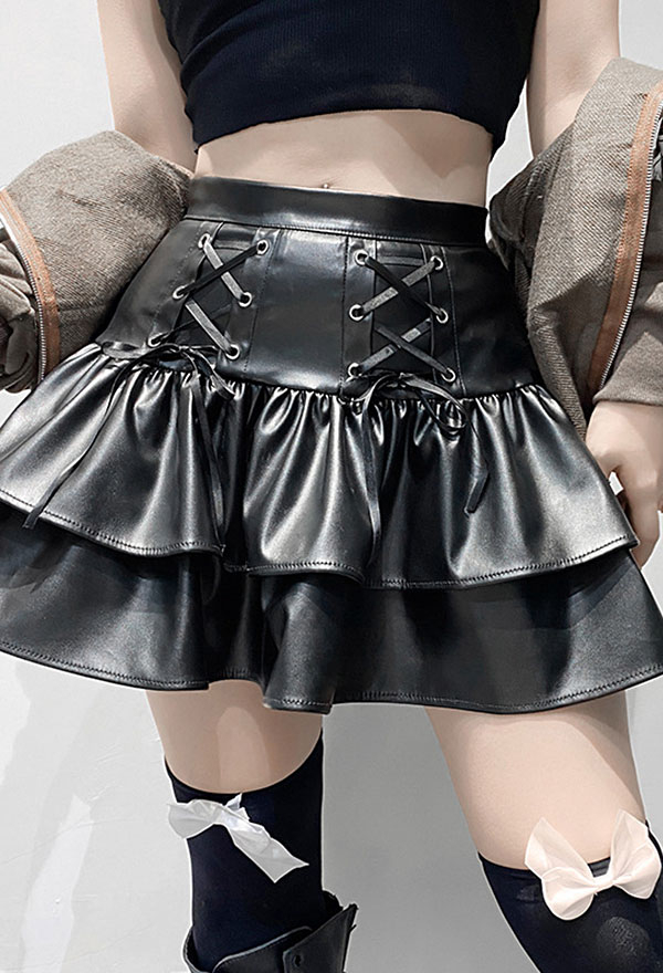 Gothic Clubwear Cool Ruffle Mini Skirt Aesthetic Grunge Style Black PU Leather Front Drawstring Pleated Skirt