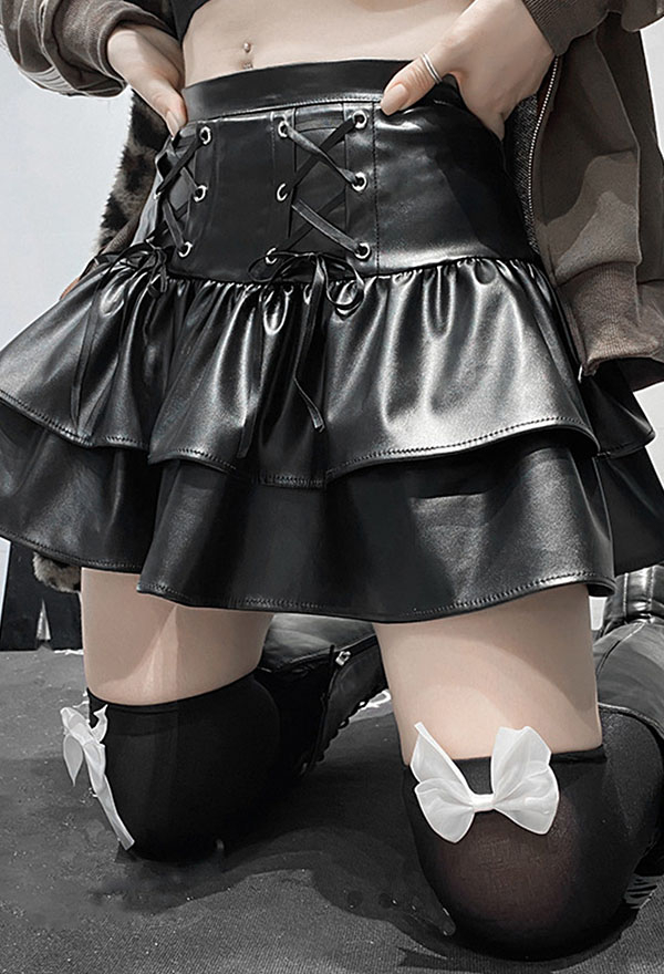 Gothic Clubwear Cool Ruffle Mini Skirt Aesthetic Grunge Style Black PU Leather Front Drawstring Pleated Skirt