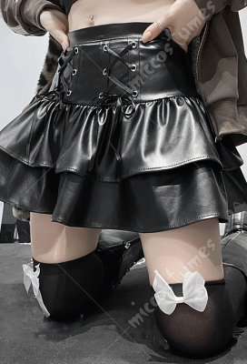 Steampunk Gothic Black PU Faux Leather Short Ruffled Mini Skirt Size S-2XL S2414 