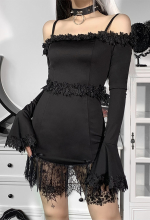 Gothic Vintage Cocktail Party Lace Dress Elegant Style Black Cotton Off the Shoulder Long Flared Sleeves Lace Hem Patchwork Dress