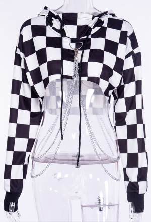 Grunge Stylish Outfit Unique Design Cool Checkered Sweatshirt E-girl Style Black and White Cotton Multi-strand Chain Decorated Long Sleeves Crop Top Hoodie