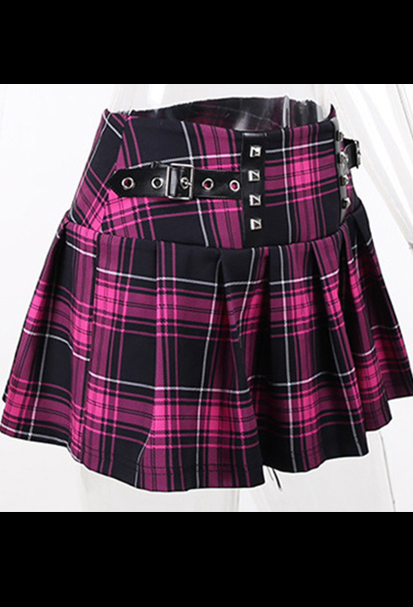 Y2K Attractive Pastel Plaid Mini Skirt Grunge Style Purple Polyester Buckle Rivet Decorated Patchwork Pleated Skirt