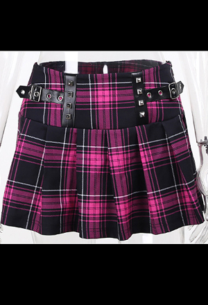 Y2K Attractive Pastel Plaid Mini Skirt Grunge Style Purple Polyester Buckle Rivet Decorated Patchwork Pleated Skirt