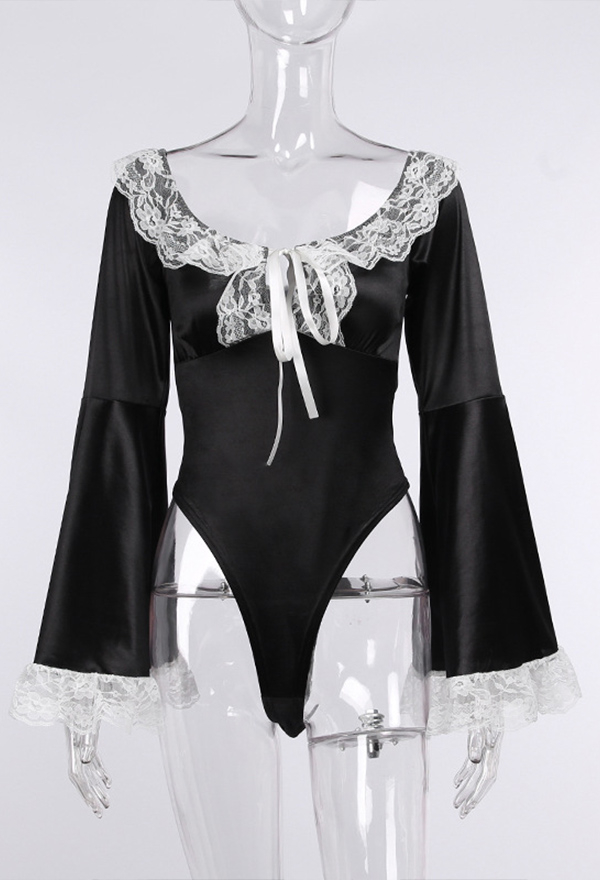 Gothic Victorian Vintage Lace Trim Bodysuit Dark Style Black Polyester Bow Ribbon Front Flared Long Sleeves High Slit Bodysuit