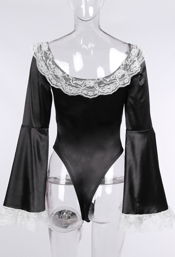 Gothic Victorian Vintage Lace Trim Bodysuit Dark Style Black Polyester Bow Ribbon Front Flared Long Sleeves High Slit Bodysuit