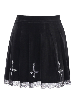 Gothic Aesthetic Mall Goth Streetwear Pleated Mini Skirt Grunge Style Lace Trim Cross Embroidery Pattern High Waist Skirt for Women