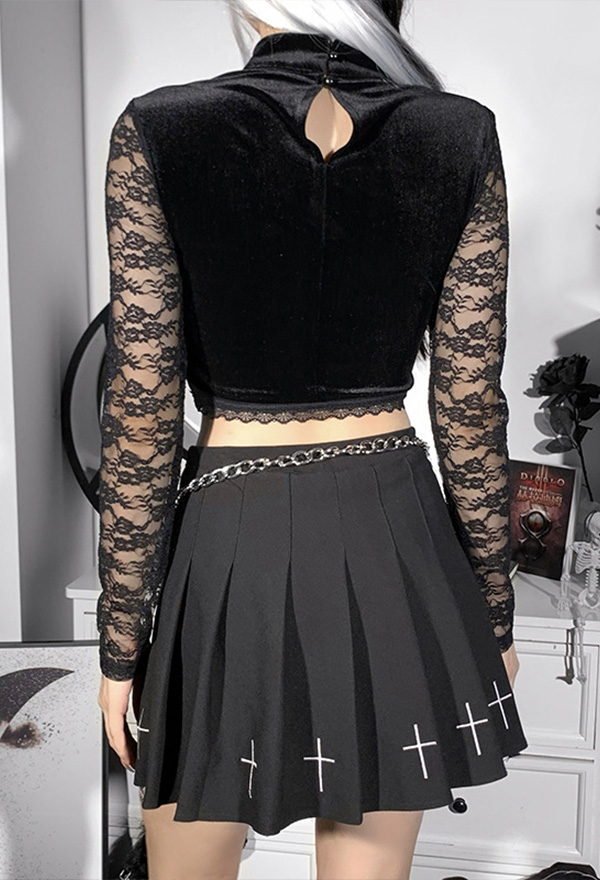 Gothic Vintage See-through Lace Halter Top Hot Style Black Cotton Bowknot Front Sheer Long Sleeves Lace Trim Navel Crop Top for Women
