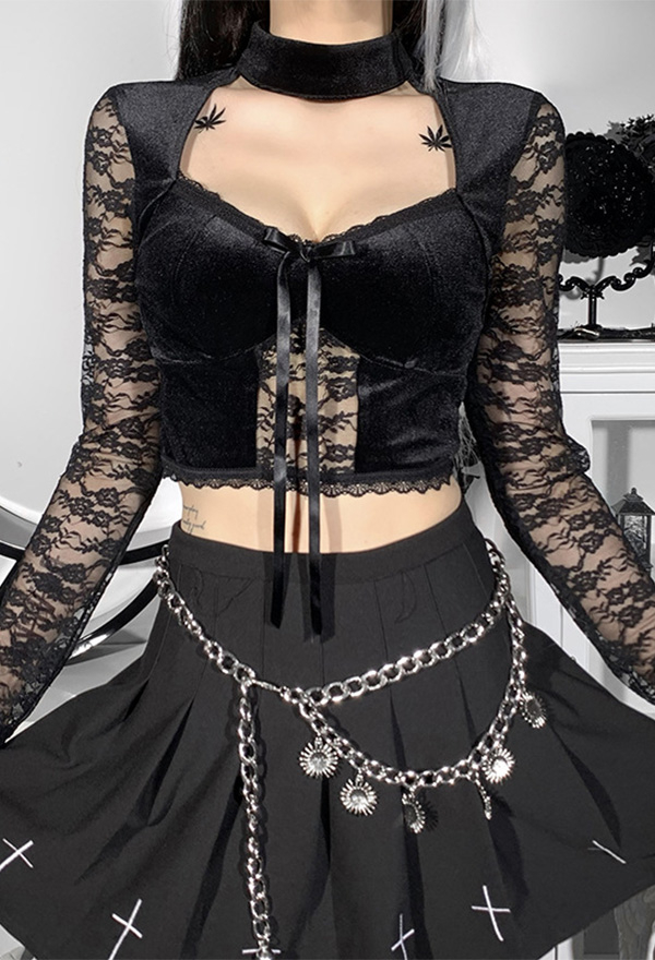 Gothic Vintage See-through Lace Halter Top Hot Style Black Cotton Bowknot Front Sheer Long Sleeves Lace Trim Navel Crop Top for Women
