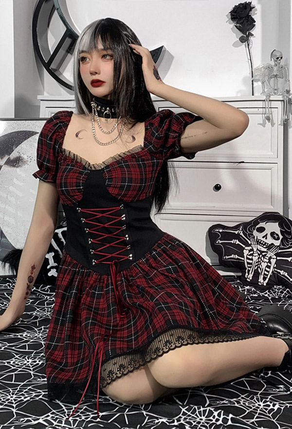 Women Fashion Gothic Aesthetic Grunge Plaid Dress Streetwear Style Red and Black Polyester V Neck Lace-up Waist Lace Trim A-line Dress