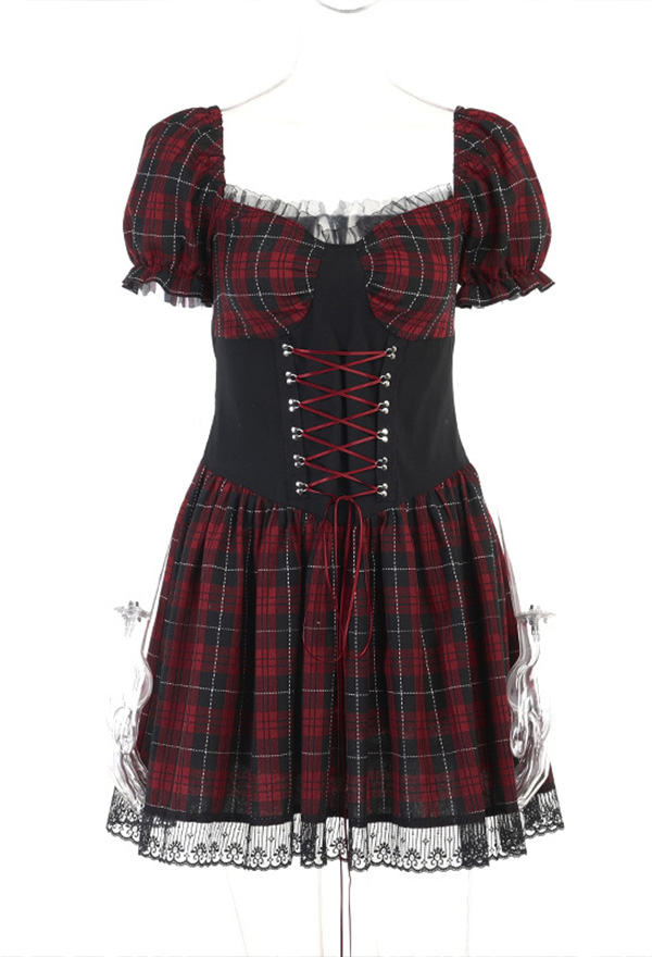 Women Fashion Gothic Aesthetic Grunge Plaid Dress Streetwear Style Red and Black Polyester V Neck Lace-up Waist Lace Trim A-line Dress