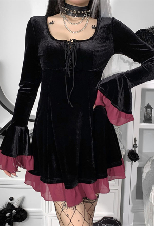 Women Gothic Elegant Spring Dress Retro Style Black and Red Velvet Long Trumpet Sleeves Ruffle Hem Mini Dress