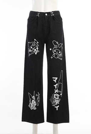 Grunge Cute Anime Pattern Print Wide Leg Jeans Dark Style Grey Denim Casual Long Loose Jeans
