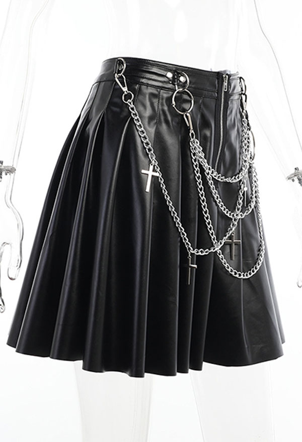 Gothic Fashion Mall Goth High Waist Pleated Skirt Punk Style Black PU Leather Front Zipper Layered Chain Decorated Mini Skirt