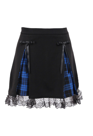 Egirl Fashion Dark Stylish Mini Skirt Grunge Style Black Cotton Blue Plaid Pattern Lace Hem Color Contrast Spring Skirt