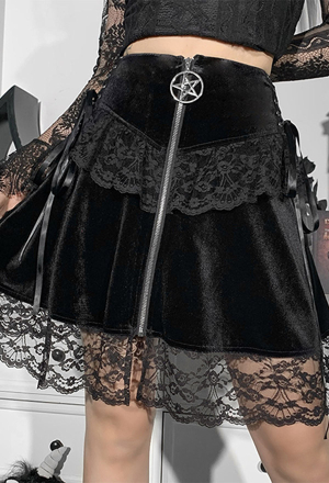 Gothic Aesthetic Elegant Mini Skirt Dark Style Black Velvet Pentagram Decorated Zipper Side Strap Lace Hem Skirt