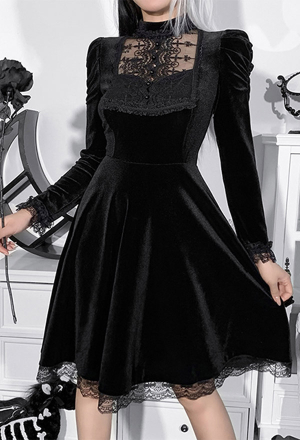 Gothic Spring Fashion Cocktail Party Dress Elegant Style Black Velvet Long Puff Sleeves Lace Hem Dress
