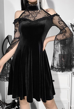 Women Fashion Gothic Vintage Lace Dress Elegant Style Black Velvet Cold Shoulder Long Bell Sleeves Halter Bridesmaid Dress