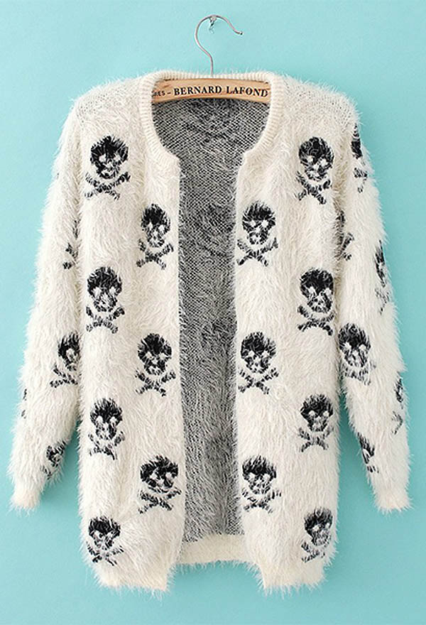 Gothic Skull Pattern Cardigan Mohair Long Sleeves Knit Fuzzy Sweater