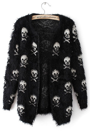 Gothic Spring Outfit Ladies Skull Pattern Cardigan Mohair Long Sleeves Knit Fuzzy Sweater