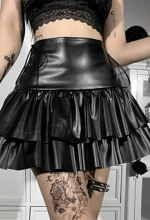 Gothic Aesthetic Night Club Cool Mini Skirt Streetwear Style Black PU Leather Side Strap Double-layer Ruffle Pleated Skirt