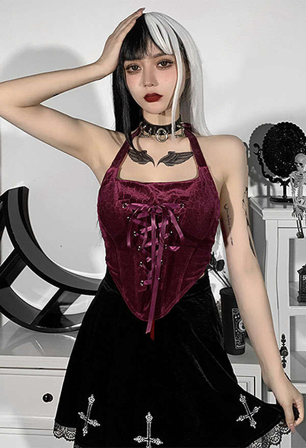 Gothic Fashion Share Your Blood Vampire Top Hot Style Wine Red Velvet Lace Up Irregular Hem Halter Sleeveless Top