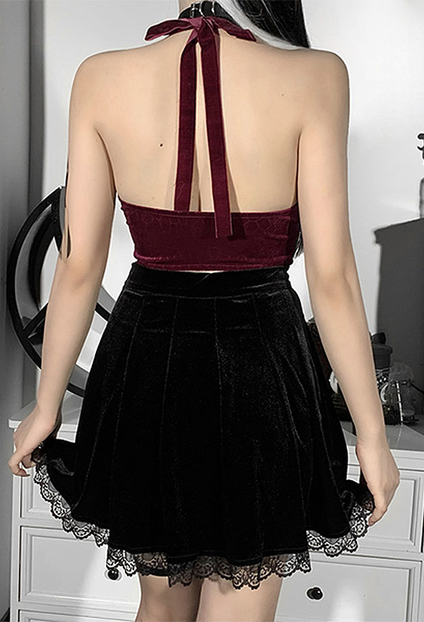 Gothic Fashion Share Your Blood Vampire Top Hot Style Wine Red Velvet Lace Up Irregular Hem Halter Sleeveless Top