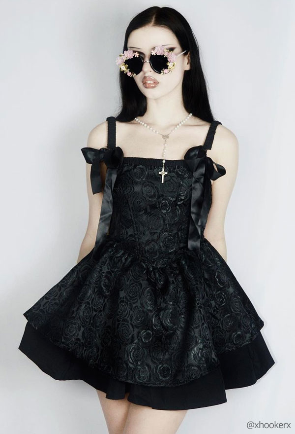 Gothic Elegance Dark Princess Sling Dress Black Cotton Floral Pattern High Waist Double-layer Bridesmaid Dress