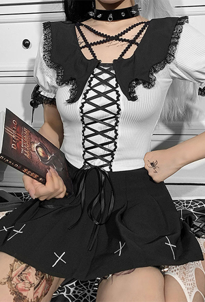 Gothic Stylish Date Wear Slim Top Elegant Style White and Black Lace Sailor Collar Lace Up Short Sleeves Patchwork Top