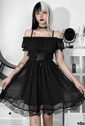 Gothic Attractive Lace Sling Summer Dress Hot Style Black Chiffon Off the Shoulder Lace Up Mesh Mini Dress