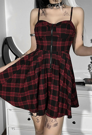 Grunge Summer Dress Hot Girl Sling Dress Dark Style Red and Black Polyester Show Breast High Waist Mini Cami Dress