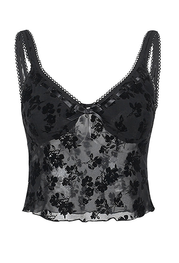 Gothic Party Wear Hot V Neck Sling Top Dark Style Black Sheer Mesh Floral Pattern Sleeveless Navel Cami Top