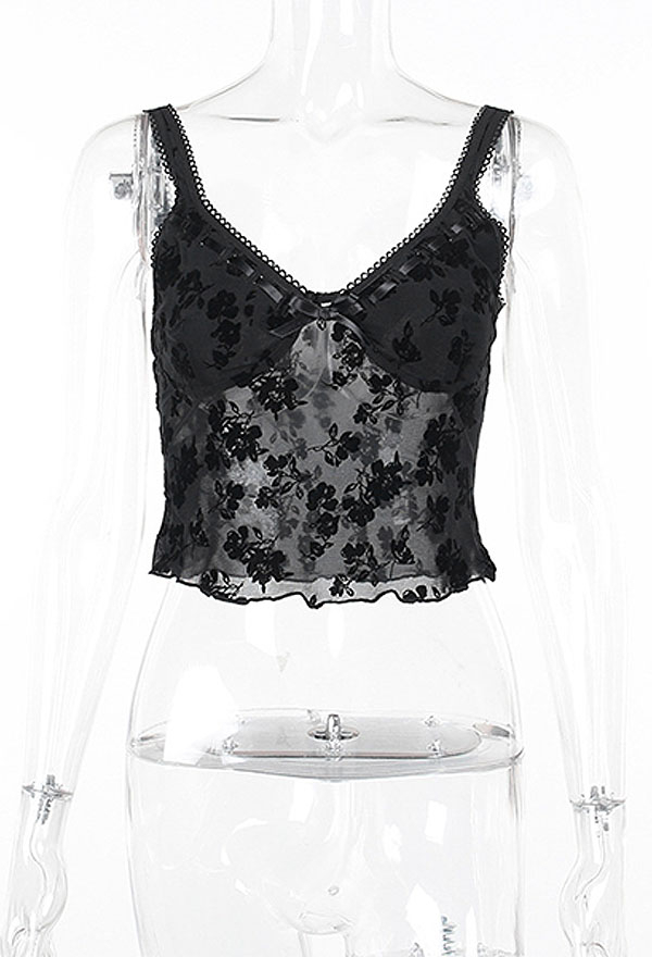Gothic Party Wear Hot V Neck Sling Top Dark Style Black Sheer Mesh Floral Pattern Sleeveless Navel Cami Top
