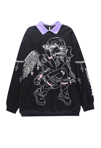 Leyla 90s Grunge Pastel Print Long Sleeves Egirl Style Polo Sweatshirt