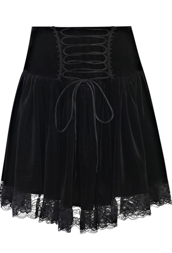 Gothic Summer Streetwear Retro Mini Skirt Black High Waist Lace Hem Patchwork A-line Skirt