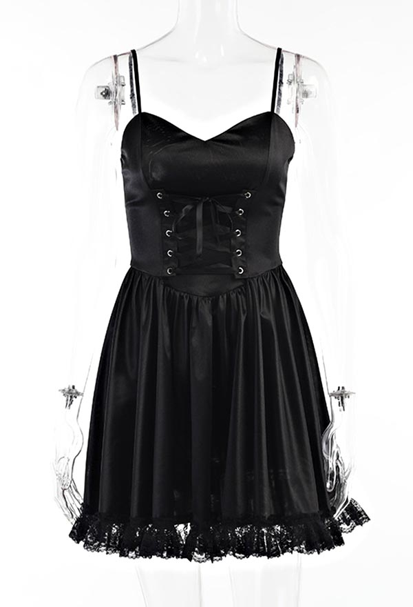 Women Summer Casual Party Club Cami Dress Gothic Black V Neck Lace-up Mini Cami Dress