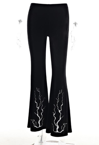 Women Streetwear Stylish Flare Pants Black Velvet Elastic Lightning Print Bell Bottom Trousers