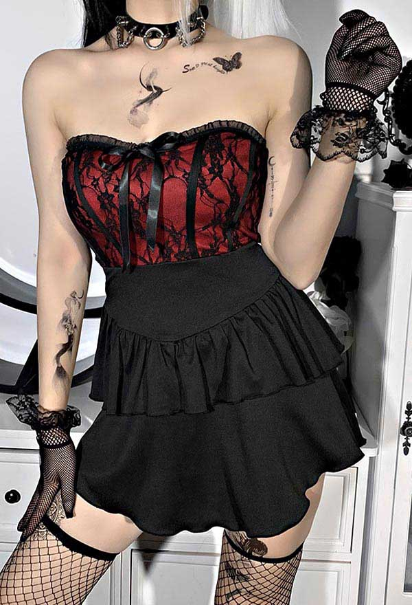 Gothic Girl Cocktail Party Tube Top Cake Dress Black and Red Floral Pattern Lace Trim Mini Cake Prom Dress