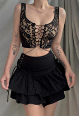 Women Grunge Streetwear Slim Cami Top Black Lace-Up Show Chest Floral Pattern Hot Navel Top