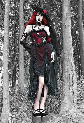 Gothic Drink Your Blood Vampire Princess Lolita Dress Victorian Style Black Red Floral Pattern Drawstring High-Low Vintage Cami Dress with Sleeves