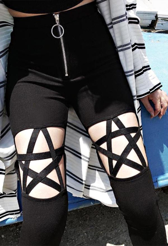 Gothic Punk Stylish Streetwear Casual Pencil Pants Black Hollow Pentagram-Shaped High Waist Denim Trousers